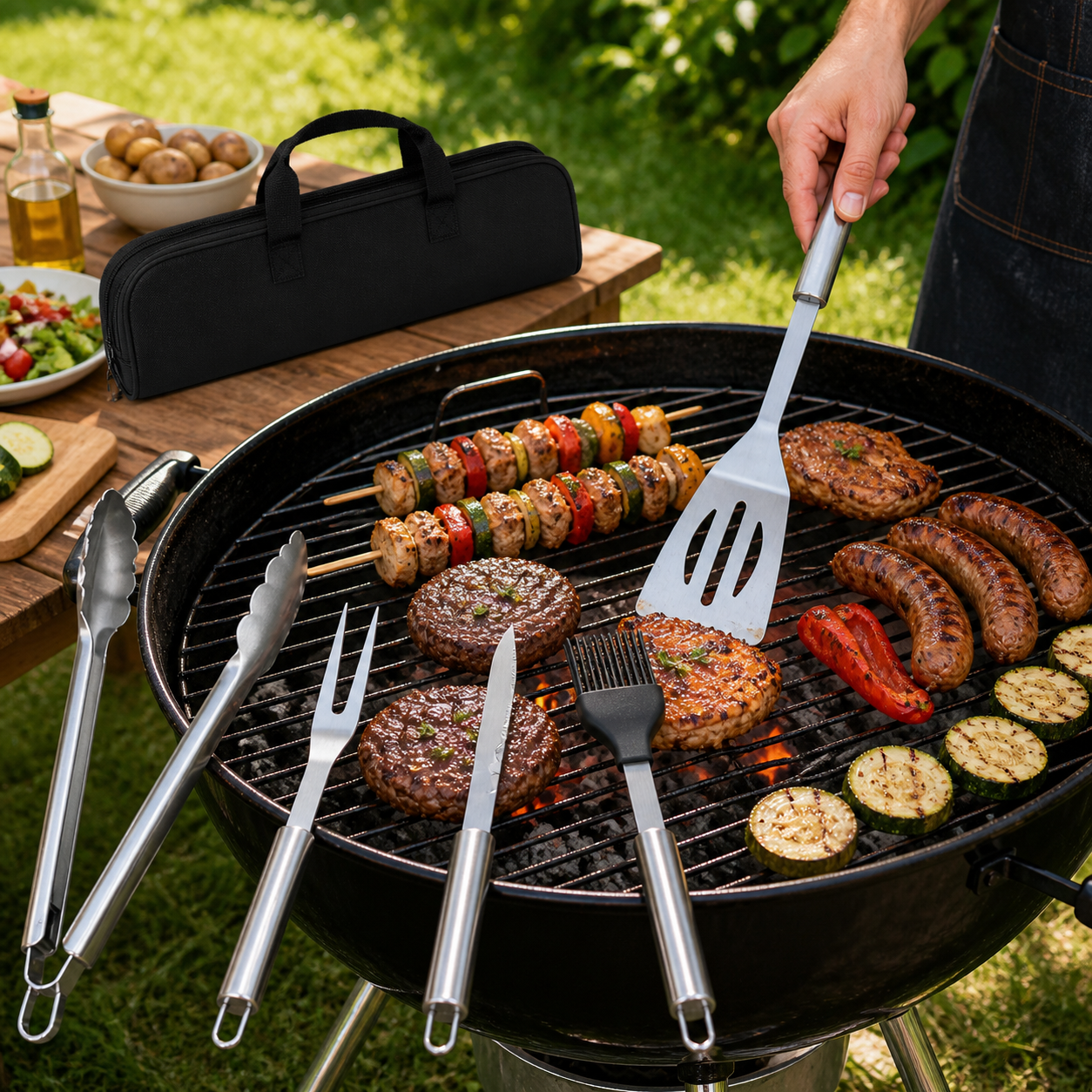 Set 5 ustensile si accesorii pentru gratar GrillMixx idealSTORE, Fabricate din otel inoxidabil