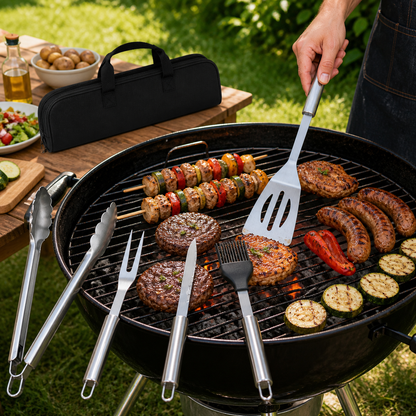 Set 5 ustensile si accesorii pentru gratar GrillMixx idealSTORE, Fabricate din otel inoxidabil