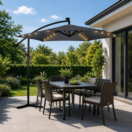 Umbrela de Gradina cu Lumini idealSTORE LightGarden, 24 de LED-uri incorporate, Deschidere 300 cm, Pliabila, Cadru Solid