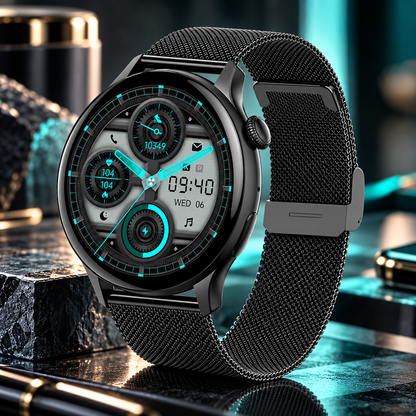 Ceas Smartwatch New Style Collection IdealStore, Ecran AMOLED HD 1.43 inch, Preluare Apeluri si Mesaje Bluetooth, NFC, Monitorizare Ritm Cardiac si Somn, Asistent Vocal, Difuzor si Microfon incorporat, IP67, Android-IOS, Long Battery, Black Metal Edition