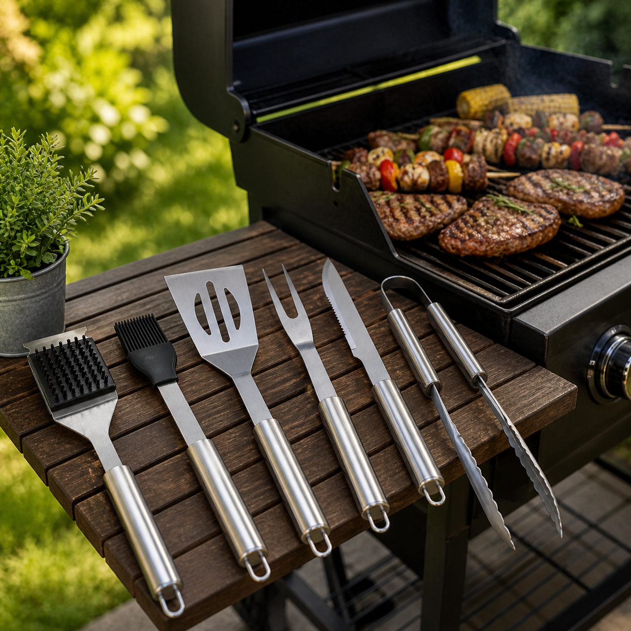 Set 6 ustensile si accesorii pentru gratar GrillMixx idealSTORE, Fabricate din otel inoxidabil