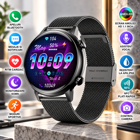 Ceas Smartwatch Live On Watch IdealStore, Ecran AMOLED HD 1.1 inch, Preluare Apeluri si Mesaje Bluetooth, NFC, Monitorizare Ritm Cardiac si Somn, Asistent Vocal, Difuzor si Microfon incorporat, IP68, Alarma, Android-IOS, Long Battery, Metal Black Edition
