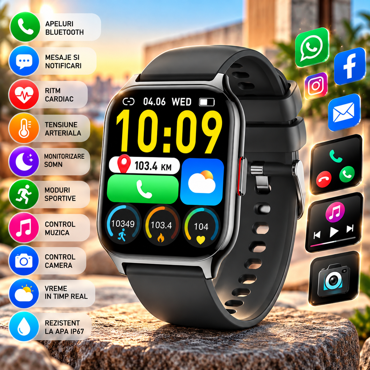 Ceas SmartWatch ZonStyleFit idealSTORE, Ecran Tactil 2,01, Android/IOS, Difuzor-Microfon, Control Muzica, Camera, Apeluri, Mesaje, Whatss, Facebook, Vreme, Fitness Traker, IP67, Ritm Cardiac, Tensiune Arteriala, SpO2, Monitorizare Somn, Sport