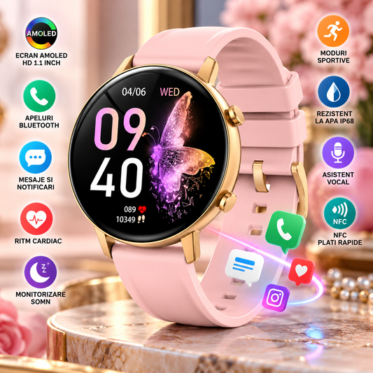 Ceas Smartwatch Live On Watch IdealStore, Ecran AMOLED HD 1.1 inch, Preluare Apeluri si Mesaje Bluetooth, NFC, Monitorizare Ritm Cardiac si Somn, Asistent Vocal, Difuzor si Microfon incorporat, IP68, Alarma, Android-IOS, Long Battery, Silcon Roz Edition
