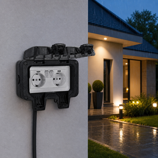 Priza dubla exterior idealSTORE IP66 cu capac protectie ABS 3680W negru