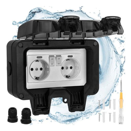Priza dubla exterior idealSTORE IP66 cu capac protectie ABS 3680W negru