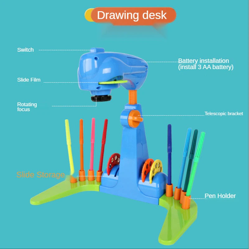 Set proiector pentru desen cu imagini luminate CLASStitude, 32 imagini, 12 markere, carte de desen, inaltime reglabila, Albastru / Verde