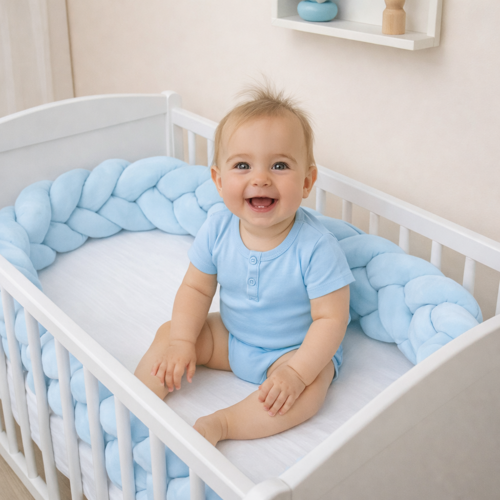 Protectie Laterala pentru Patut Bumper Rico idealSTORE, Lungime 3 m, Material moale, Placut la atingere, Protejeaza impotriva curentilor de aer si a loviturilor, Antialergic, Albastru
