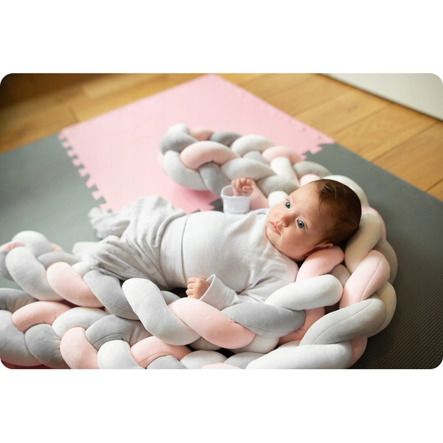 Protectie Laterala pentru Patut idealSTORE, Lungime 3 m, Material moale, Placut la atingere, Roz-Gri