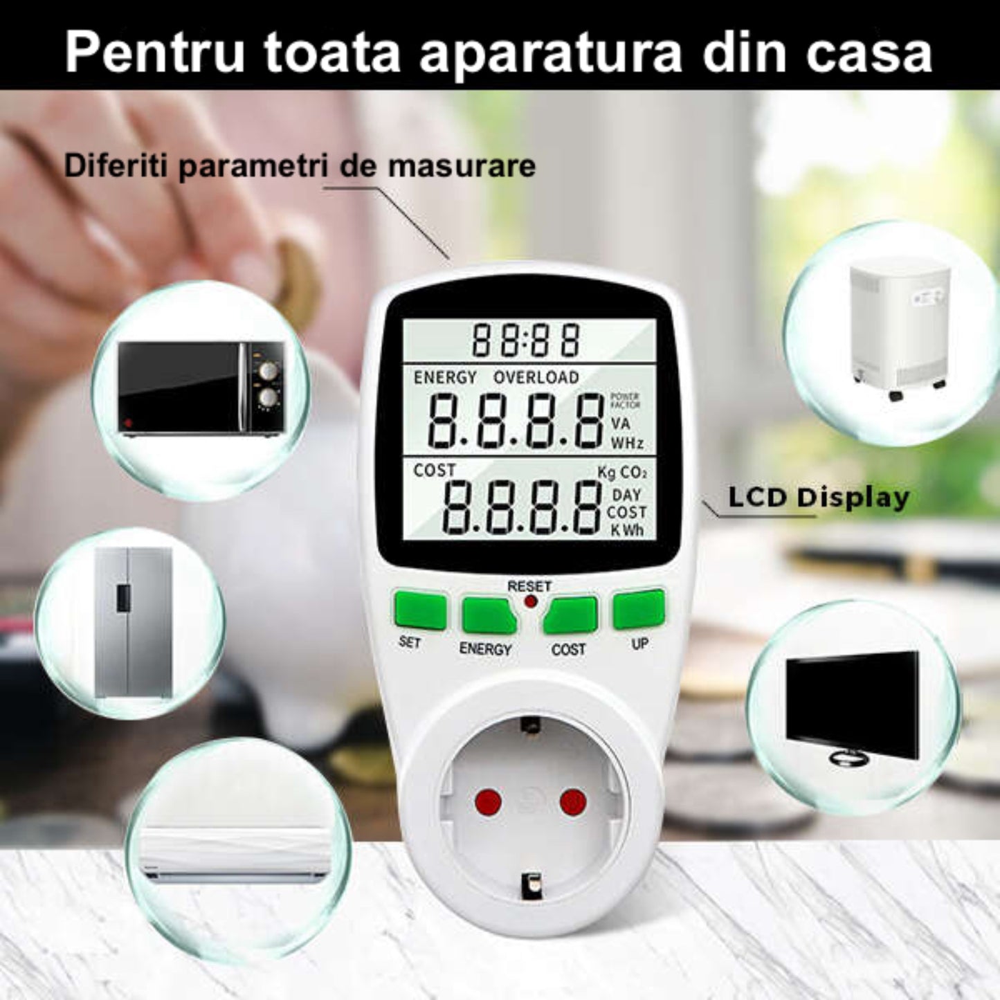 Priza cu Contor de Energie, Display Digital LCD, Monitorizare Consum Energetic, Setare Cost kWh, Amperaj, Tensiune, Putere Maxima 3680 W, Alb