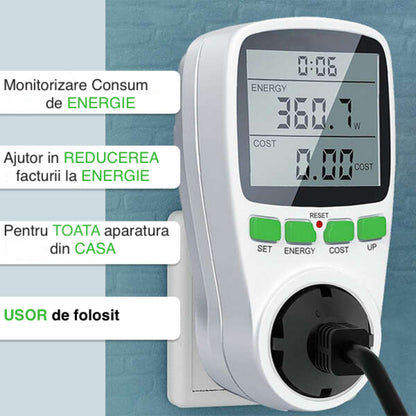 Priza cu Contor de Energie, Display Digital LCD, Monitorizare Consum Energetic, Setare Cost kWh, Amperaj, Tensiune, Putere Maxima 3680 W, Alb