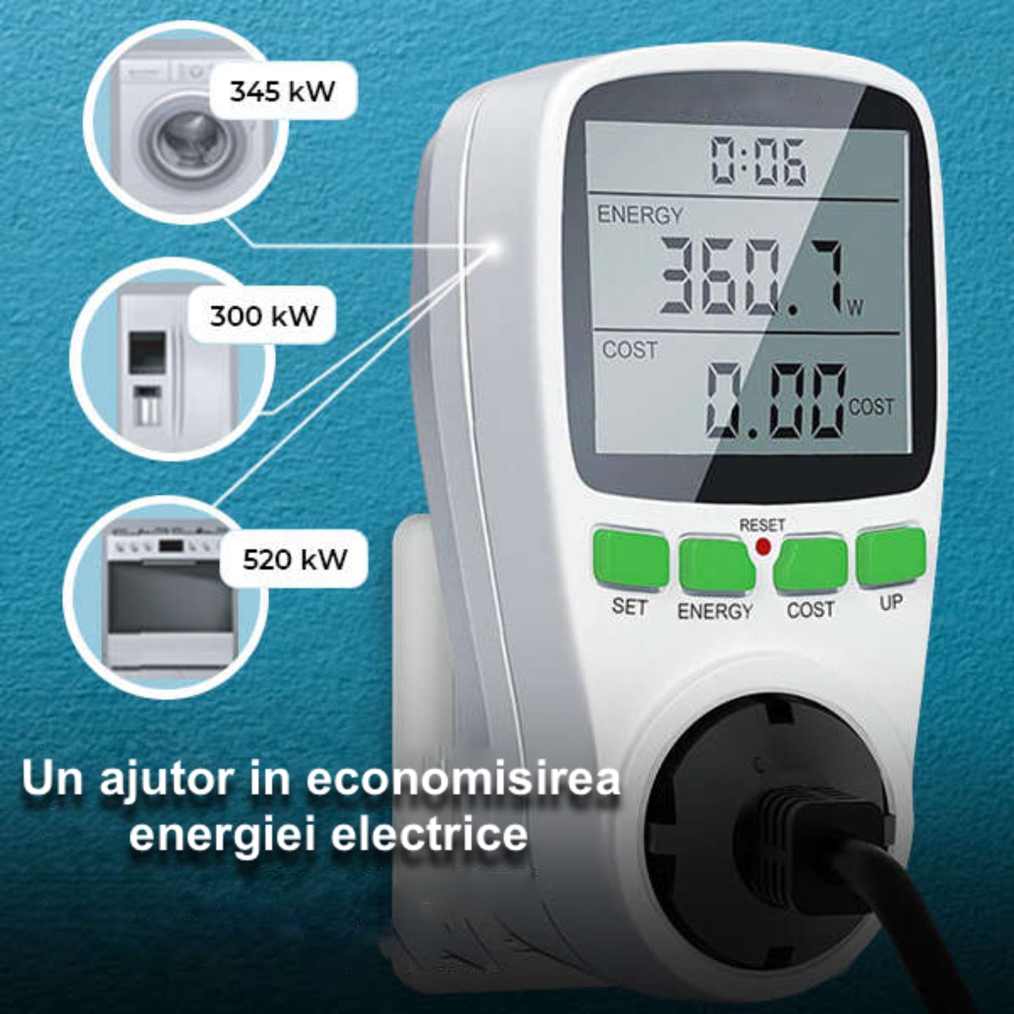 Priza cu Contor de Energie, Display Digital LCD, Monitorizare Consum Energetic, Setare Cost kWh, Amperaj, Tensiune, Putere Maxima 3680 W, Alb