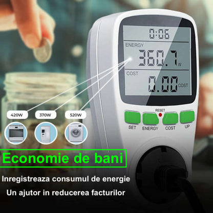 Priza cu Contor de Energie, Display Digital LCD, Monitorizare Consum Energetic, Setare Cost kWh, Amperaj, Tensiune, Putere Maxima 3680 W, Alb