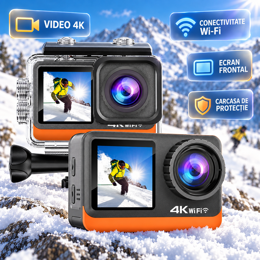 Camera de Actiune idealSTORE, Ecran Dublu Color tactil IPS, 4K Ultra HD 60 FPS/120FPS, HDMI, Waterproof, Android / iOS