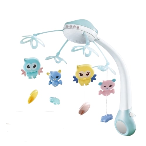 Carusel muzical Go Kart P02, pentru copii, cu proiectii si telecomanda Kissbaby, cu melodii, alb cu bleu