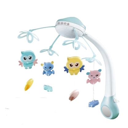 Carusel muzical Go Kart P02, pentru copii, cu proiectii si telecomanda Kissbaby, cu melodii, alb cu bleu