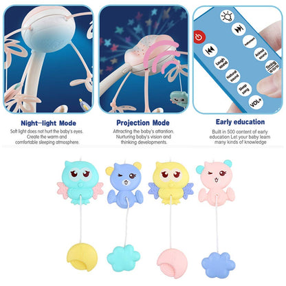 Carusel muzical Go Kart P02, pentru copii, cu proiectii si telecomanda Kissbaby, cu melodii, alb cu bleu