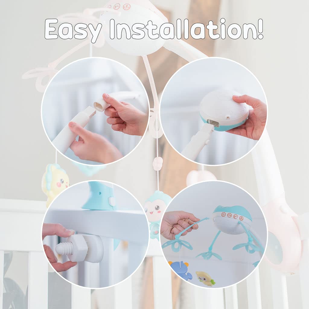 Carusel muzical Go Kart P02, pentru copii, cu proiectii si telecomanda Kissbaby, cu melodii, alb cu bleu