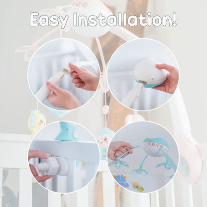 Carusel muzical Go Kart P02, pentru copii, cu proiectii si telecomanda Kissbaby, cu melodii, alb cu bleu