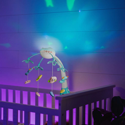 Carusel muzical Go Kart P02, pentru copii, cu proiectii si telecomanda Kissbaby, cu melodii, alb cu bleu