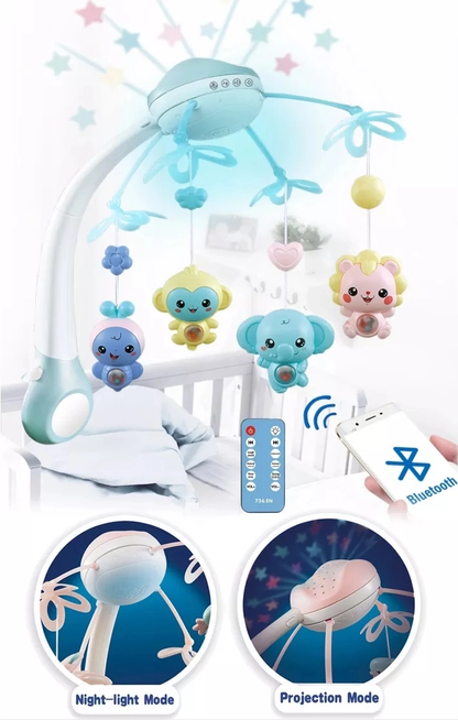 Carusel muzical Go Kart P02, pentru copii, cu proiectii si telecomanda Kissbaby, cu melodii, alb cu bleu