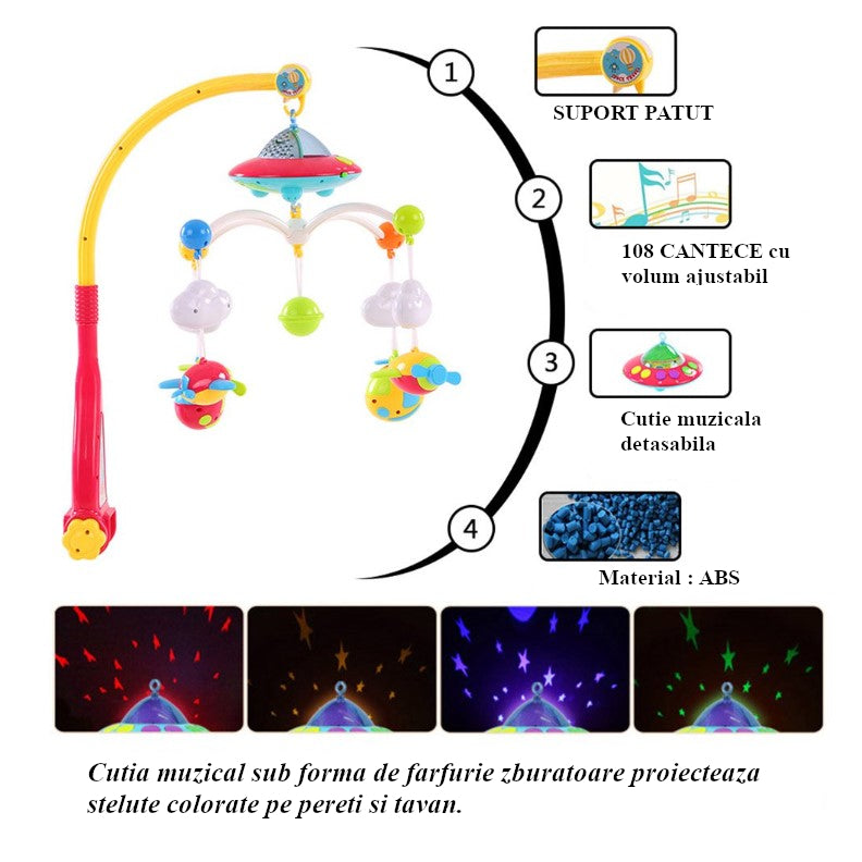 Carusel muzical pentru patut cu jucarii detasabile, rotatie 360, multicolor, buz