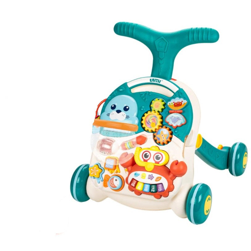 Antepremergator multifunctional, 2in1, cu masuta educativa, detasabila, centru activitati cu lumini si sunete, zornaitoare, 6-60 luni, albastru