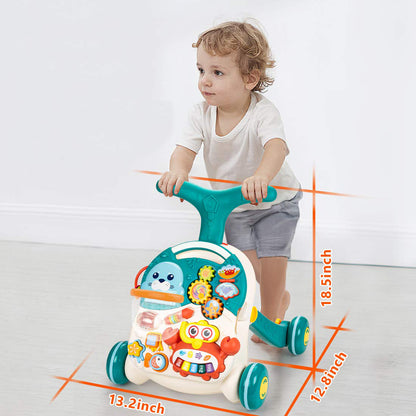 Antepremergator multifunctional, 2in1, cu masuta educativa, detasabila, centru activitati cu lumini si sunete, zornaitoare, 6-60 luni, albastru