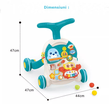 Antepremergator multifunctional, 2in1, cu masuta educativa, detasabila, centru activitati cu lumini si sunete, zornaitoare, 6-60 luni, albastru