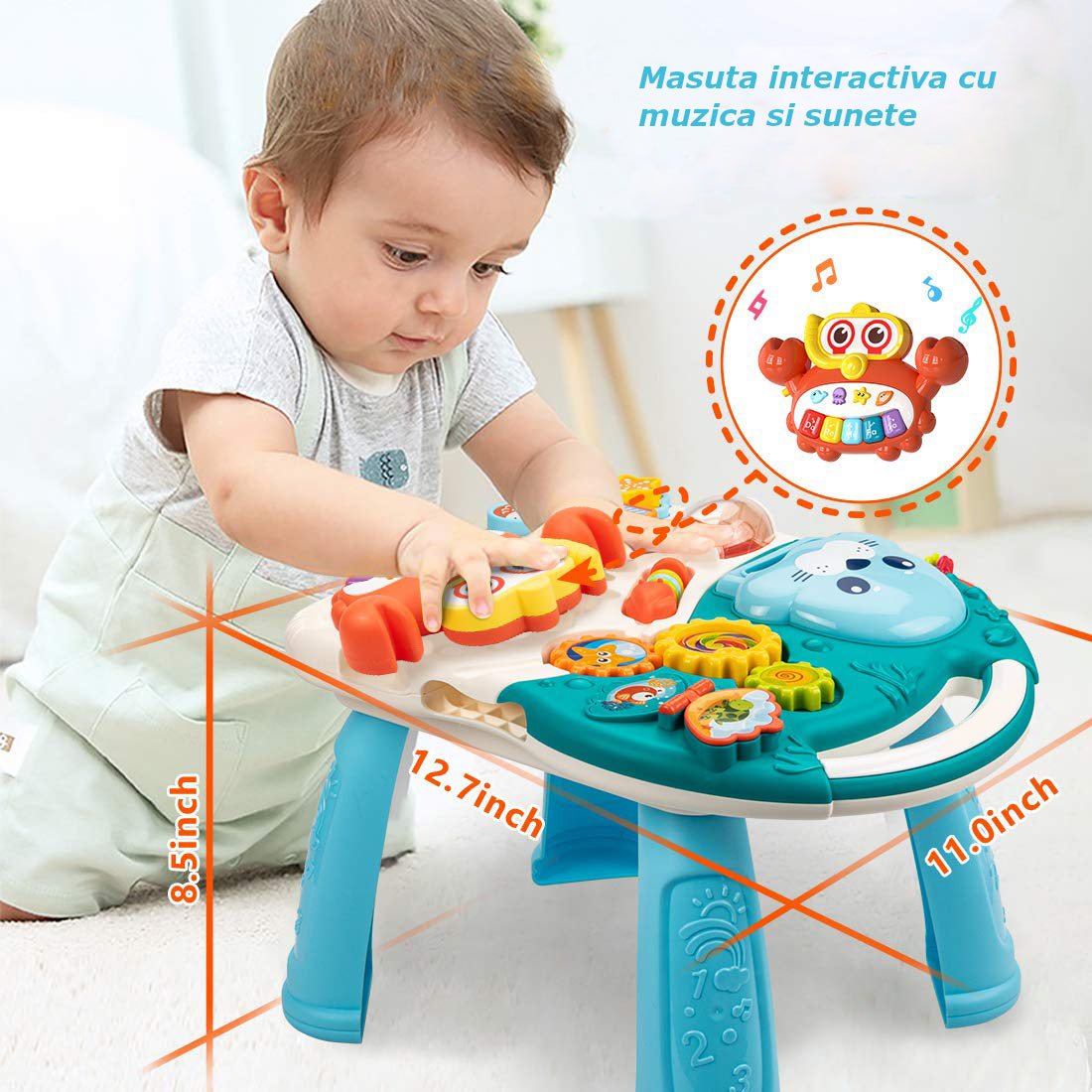 Antepremergator multifunctional, 2in1, cu masuta educativa, detasabila, centru activitati cu lumini si sunete, zornaitoare, 6-60 luni, albastru