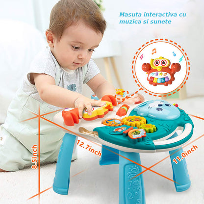 Antepremergator multifunctional, 2in1, cu masuta educativa, detasabila, centru activitati cu lumini si sunete, zornaitoare, 6-60 luni, albastru
