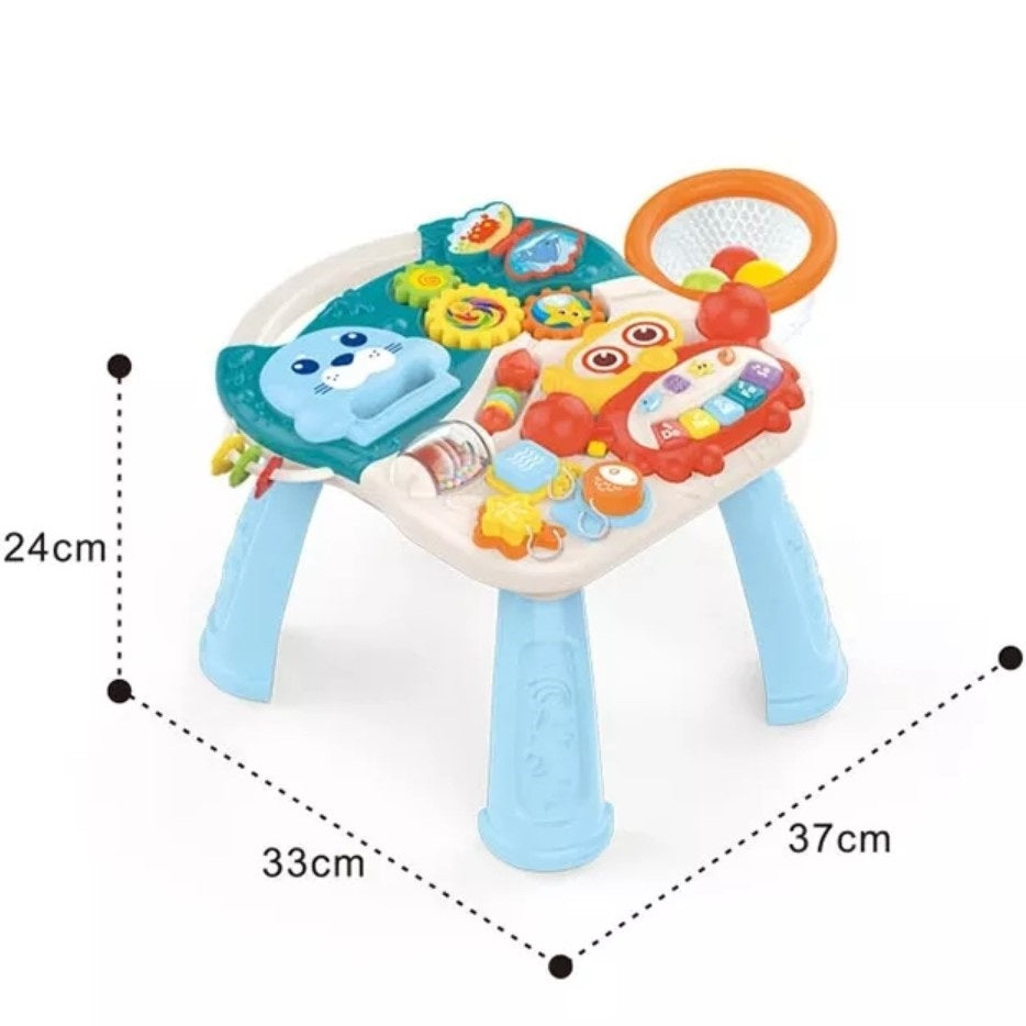 Antepremergator multifunctional, 2in1, cu masuta educativa, detasabila, centru activitati cu lumini si sunete, zornaitoare, 6-60 luni, albastru