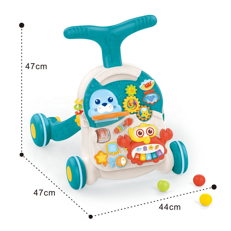 Antepremergator 5in1, multifunctional, cu telecomanda, cos de baschet, masuta interactiva, numaratoare, centru de activitati, functii luminoase si muzicale, 6+ luni, buz