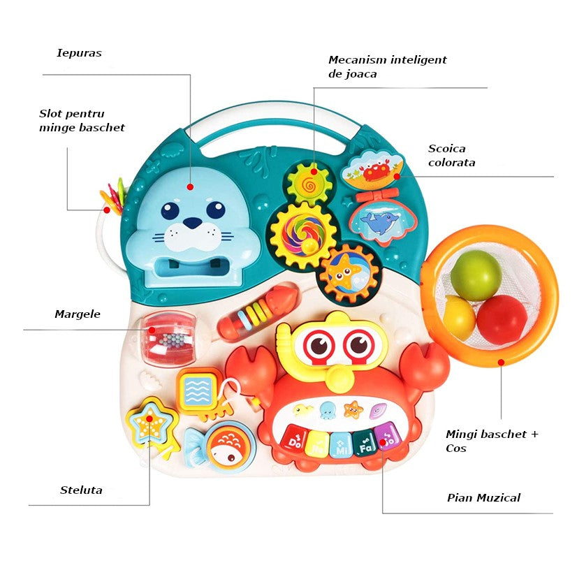 Antepremergator 5in1, multifunctional, cu telecomanda, cos de baschet, masuta interactiva, numaratoare, centru de activitati, functii luminoase si muzicale, 6+ luni, buz
