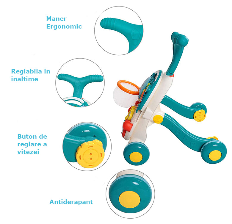 Antepremergator 5in1, multifunctional, cu telecomanda, cos de baschet, masuta interactiva, numaratoare, centru de activitati, functii luminoase si muzicale, 6+ luni, buz