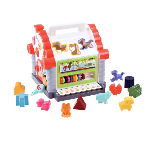 Jucarie interactiva montessori, casuta multifunctionala cu forme, sunete si lumini, centru de activitati, multicolora, 3+ luni, buz