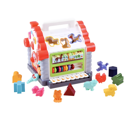 Jucarie interactiva montessori, casuta multifunctionala cu forme, sunete si lumini, centru de activitati, multicolora, 3+ luni, buz