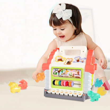 Jucarie interactiva montessori, casuta multifunctionala cu forme, sunete si lumini, centru de activitati, multicolora, 3+ luni, buz