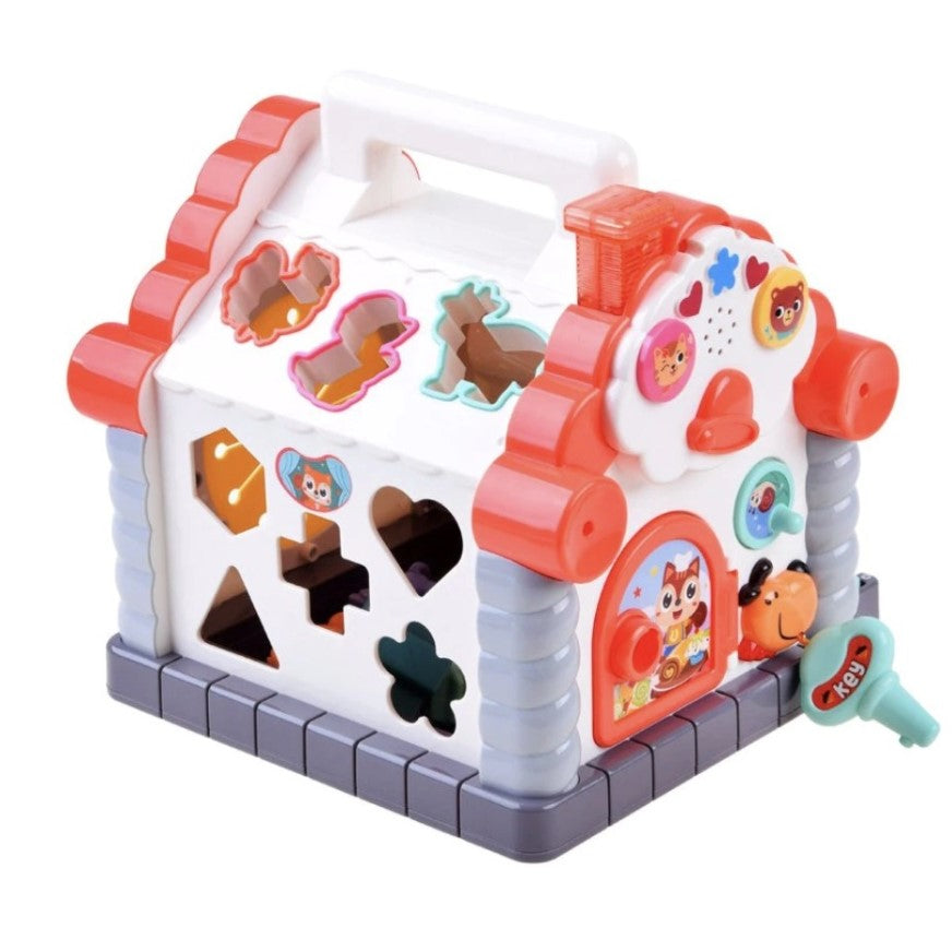Jucarie interactiva montessori, casuta multifunctionala cu forme, sunete si lumini, centru de activitati, multicolora, 3+ luni, buz