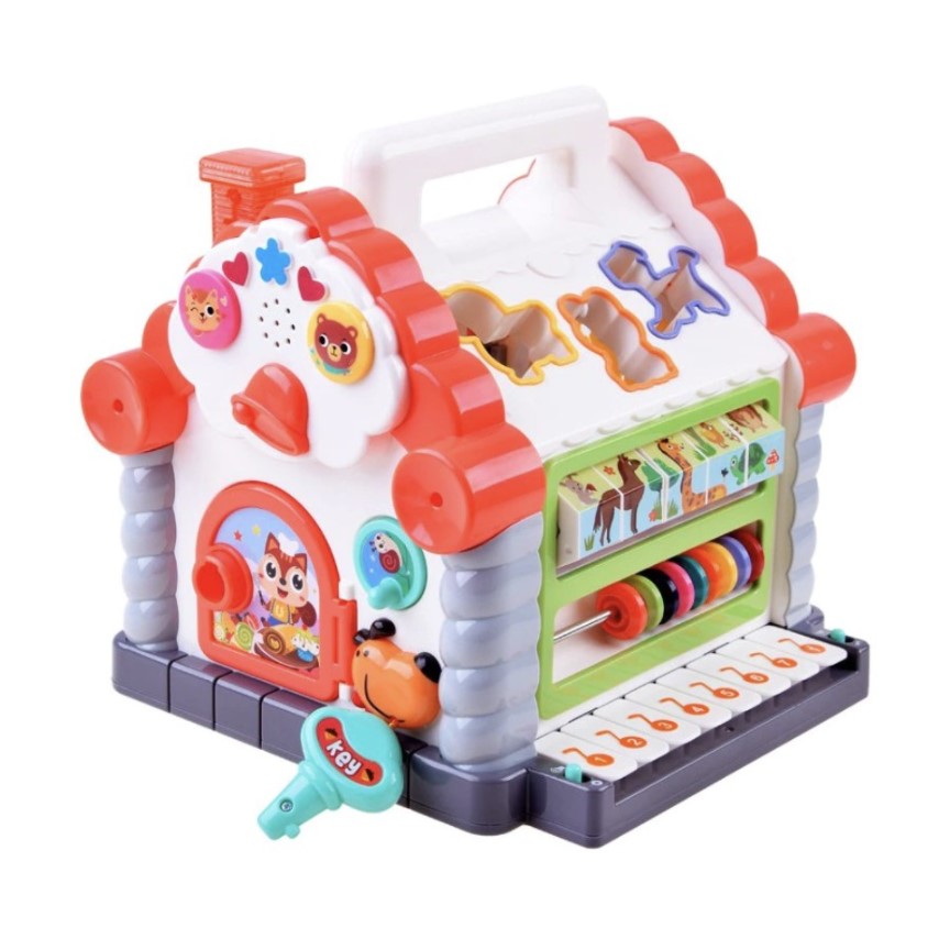 Jucarie interactiva montessori, casuta multifunctionala cu forme, sunete si lumini, centru de activitati, multicolora, 3+ luni, buz