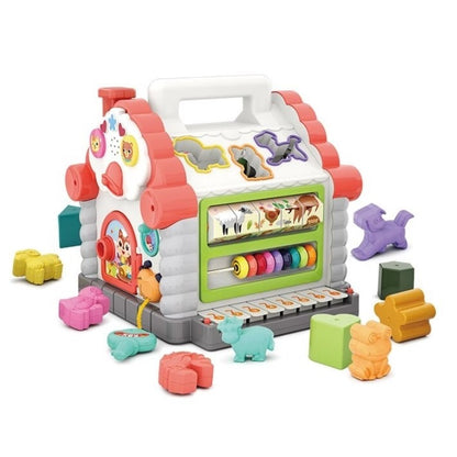 Jucarie interactiva montessori, casuta multifunctionala cu forme, sunete si lumini, centru de activitati, multicolora, 3+ luni, buz