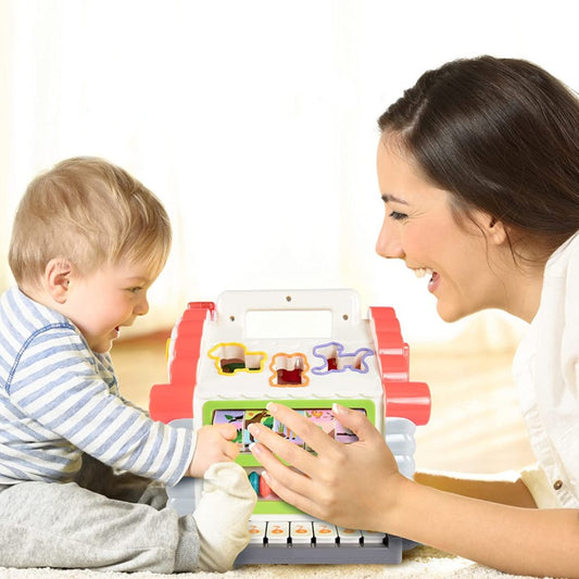 Jucarie interactiva montessori, casuta multifunctionala cu forme, sunete si lumini, centru de activitati, multicolora, 3+ luni, buz