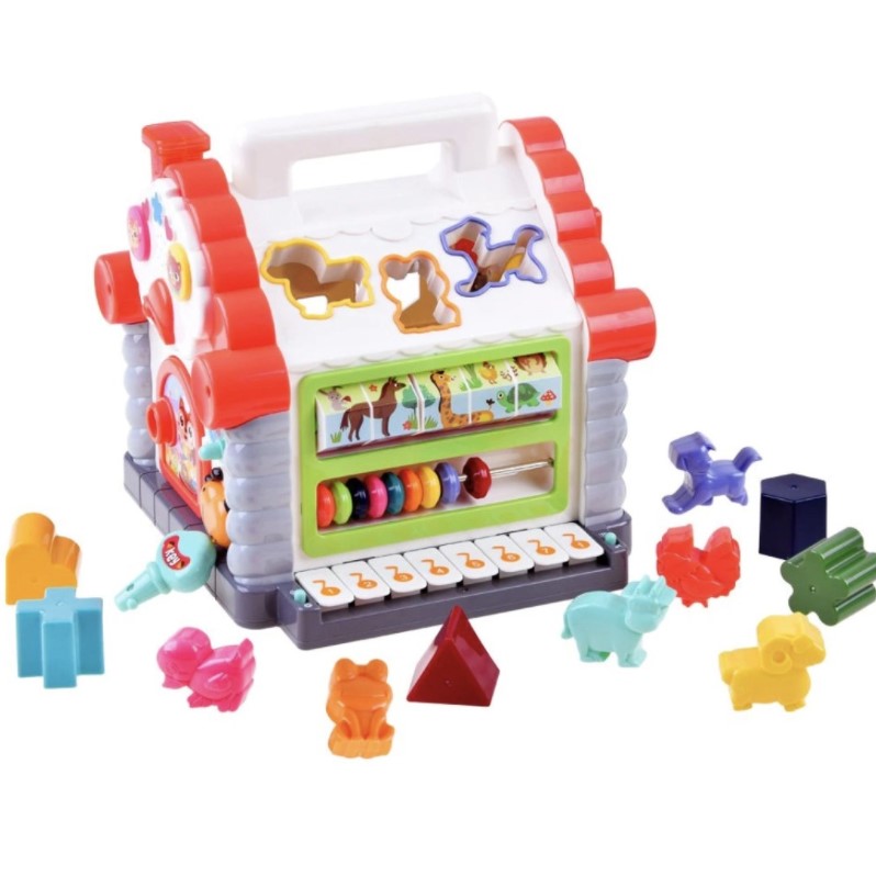 Jucarie interactiva montessori, casuta multifunctionala cu forme, sunete si lumini, centru de activitati, multicolora, 3+ luni, buz