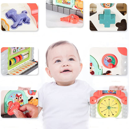 Jucarie interactiva montessori, casuta multifunctionala cu forme, sunete si lumini, centru de activitati, multicolora, 3+ luni, buz