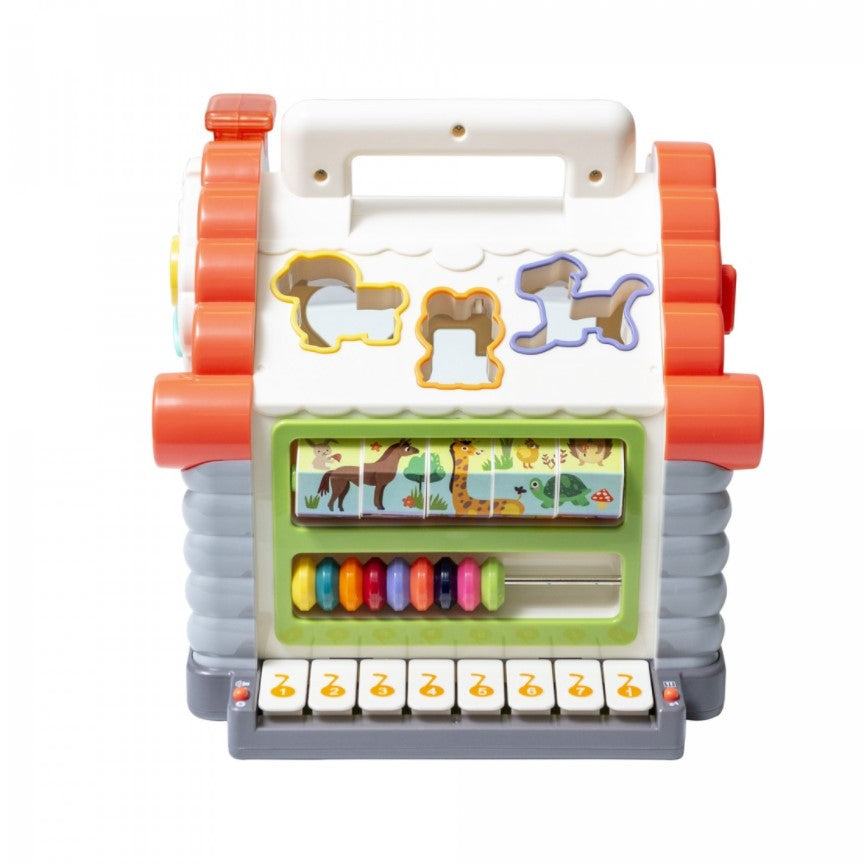 Jucarie interactiva montessori, casuta multifunctionala cu forme, sunete si lumini, centru de activitati, multicolora, 3+ luni, buz