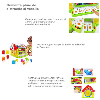 Jucarie interactiva montessori, casuta multifunctionala cu forme, sunete si lumini, centru de activitati, multicolora, 3+ luni, buz