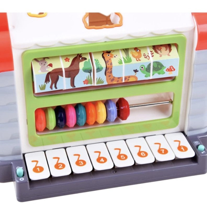 Jucarie interactiva montessori, casuta multifunctionala cu forme, sunete si lumini, centru de activitati, multicolora, 3+ luni, buz