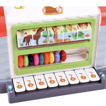 Jucarie interactiva montessori, casuta multifunctionala cu forme, sunete si lumini, centru de activitati, multicolora, 3+ luni, buz