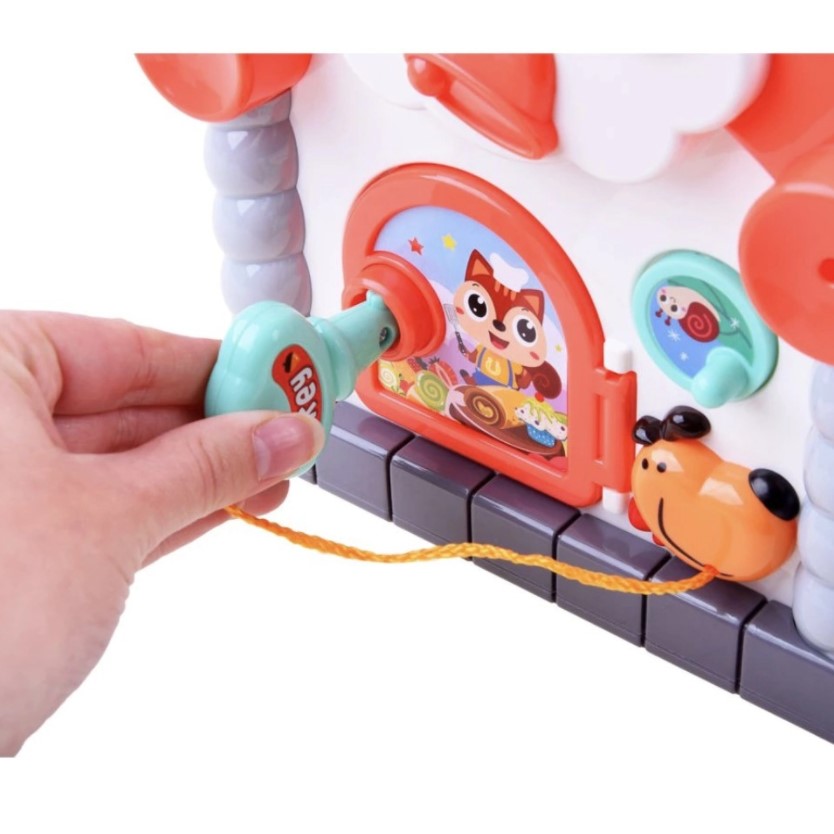 Jucarie interactiva montessori, casuta multifunctionala cu forme, sunete si lumini, centru de activitati, multicolora, 3+ luni, buz