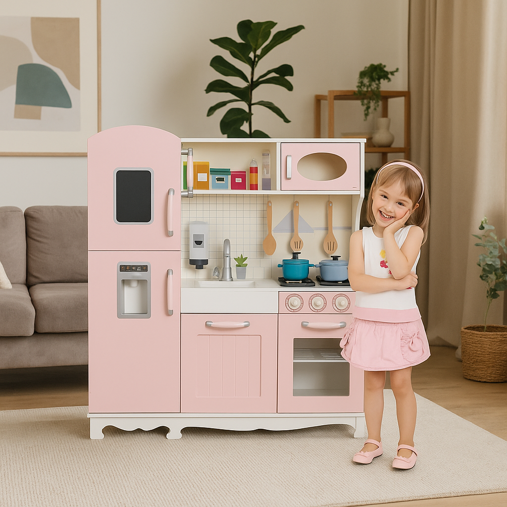 Bucatarie din lemn idealSTORE Chef's Max Cook, Dimensiuni 102 x 92.5 x 30 cm, Iluminare LED, Echipata complet, Include elemente mobile